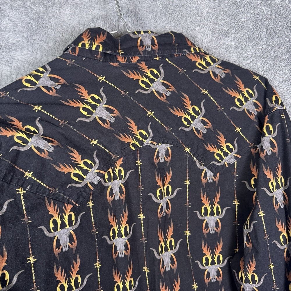 Rock & Roll Denim Shirt Mens M Aztec Western Pearl Snap Barbed Wire Steer Flames - Picture 11 of 13